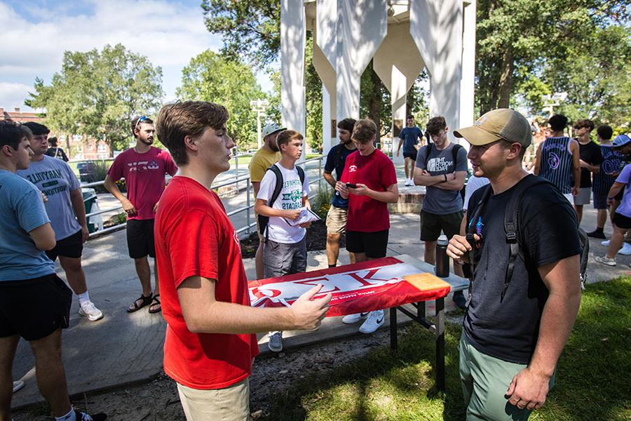 Members of the Phi Sigma Kappa fraternity discussed their chapter with students during recruitment events this fall. (Photo by Lauren Adams/Northwest Missouri State University)