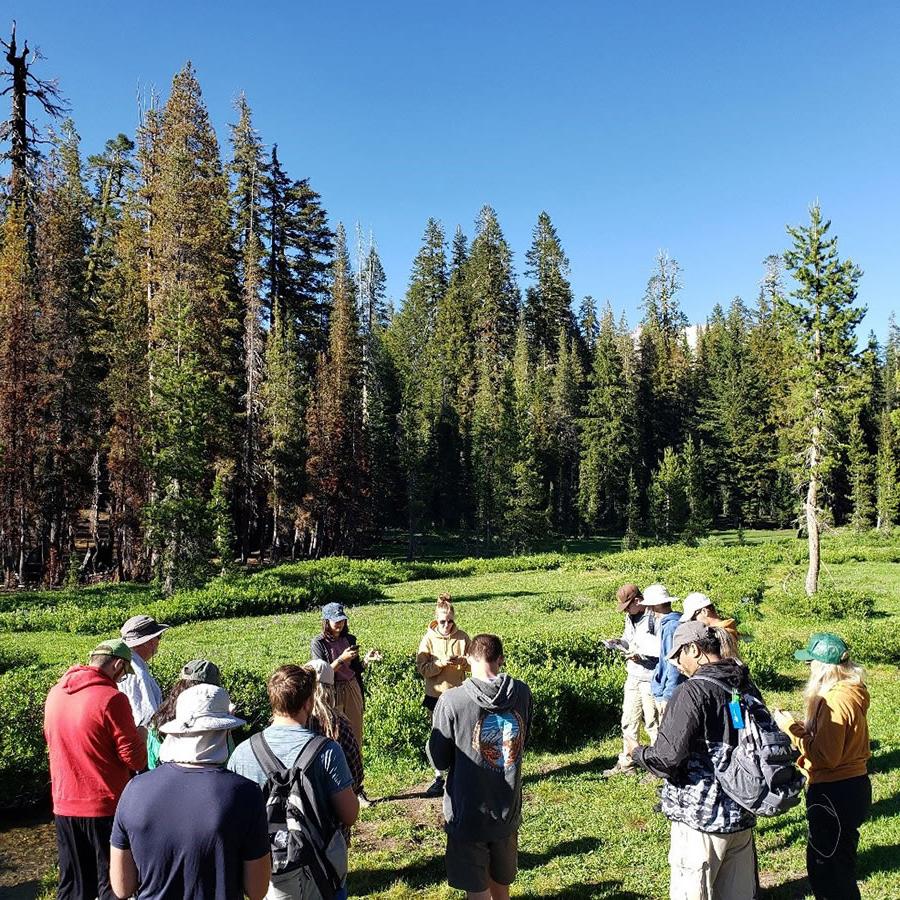 在整个实地考察中, students gave presentations about the geology of the national parks they visited. 在这张照片中, students Shelby Norman and Kate Kilpatrick discuss the geology of Lassen Volcanic National Park in California.
